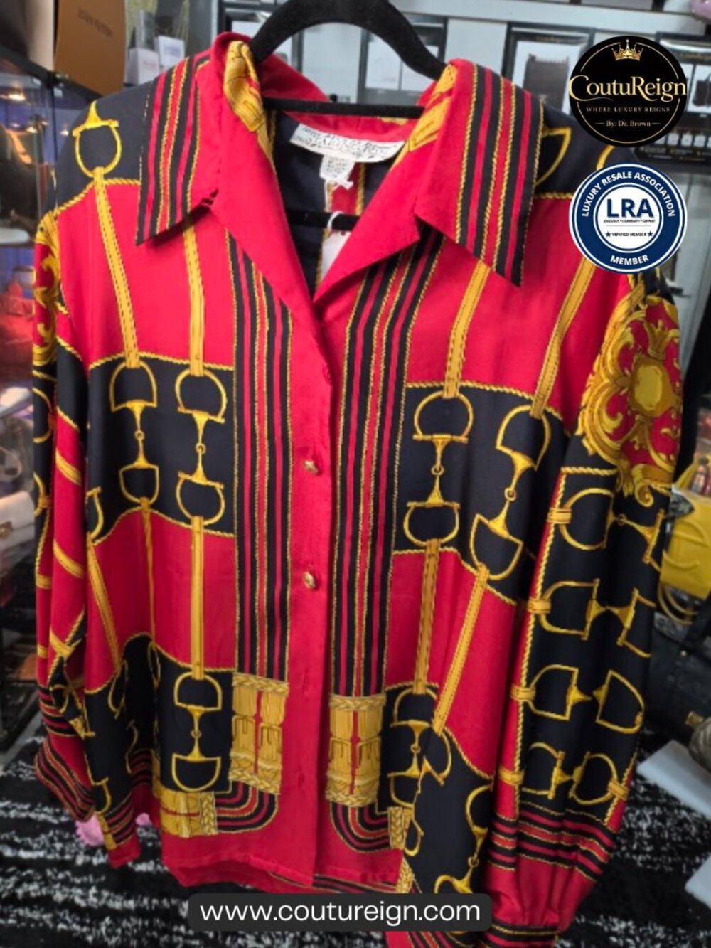 Vintage Baroque Equestrian Print Red Silk Blouse